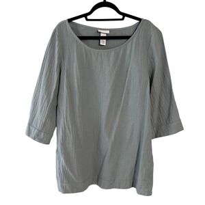 Soft Surroundings Gauzy Lagenlook Blue Textured 100% Cotton 3/4 Sleeve Tunic Top